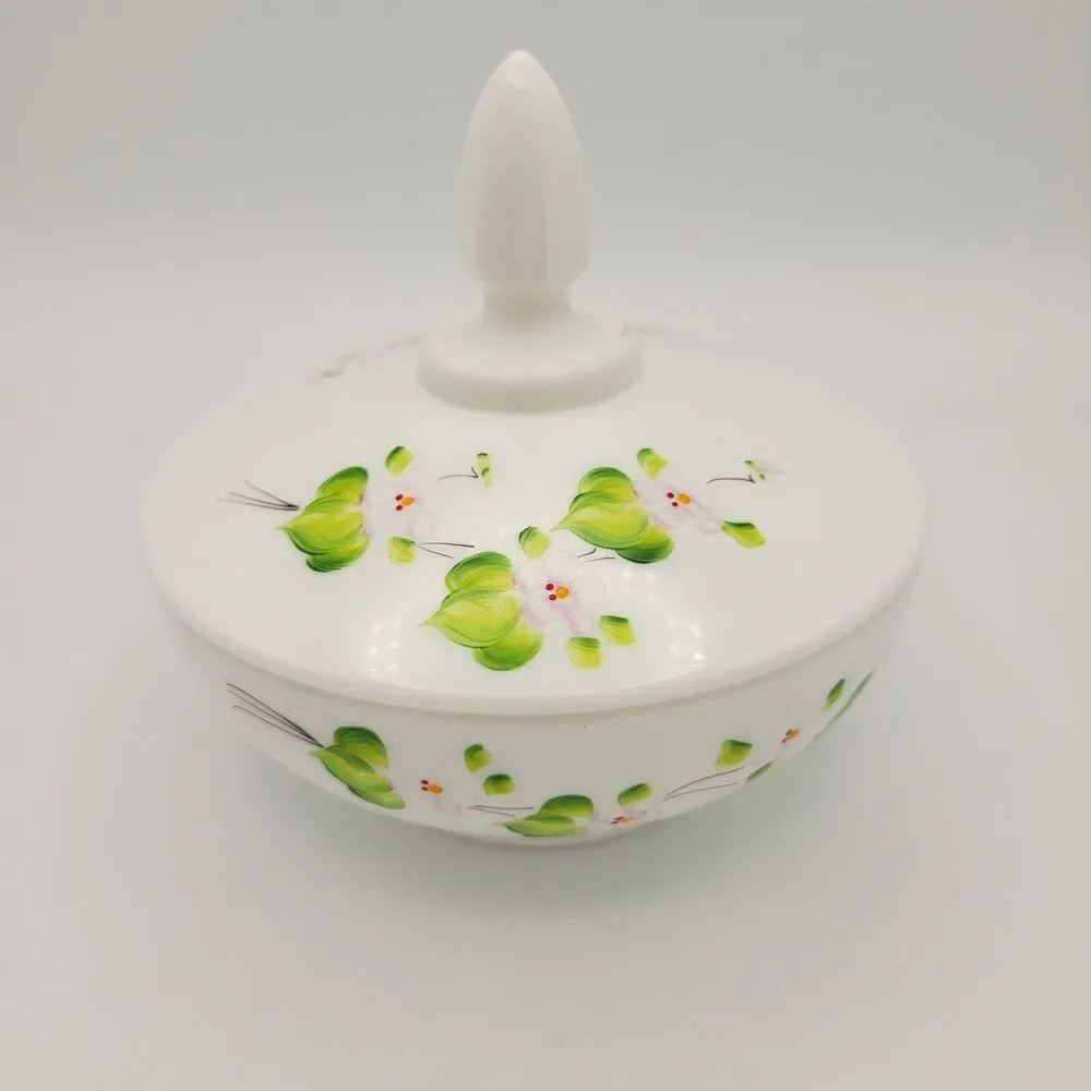 Vintage Fenton Pink Blossoms in the Snow Covered Candy Dish Painted Milk Glass